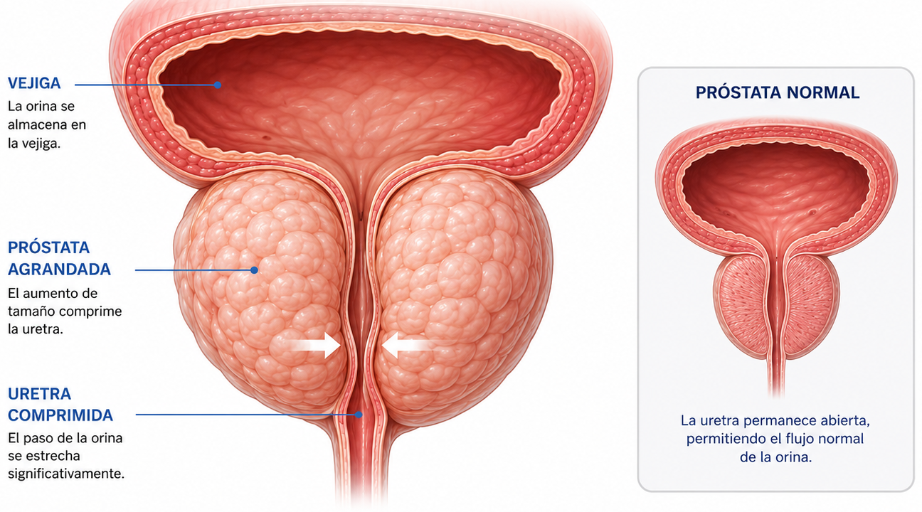 Comparación entre próstata agrandada y próstata normal: la próstata agrandada comprime la uretra