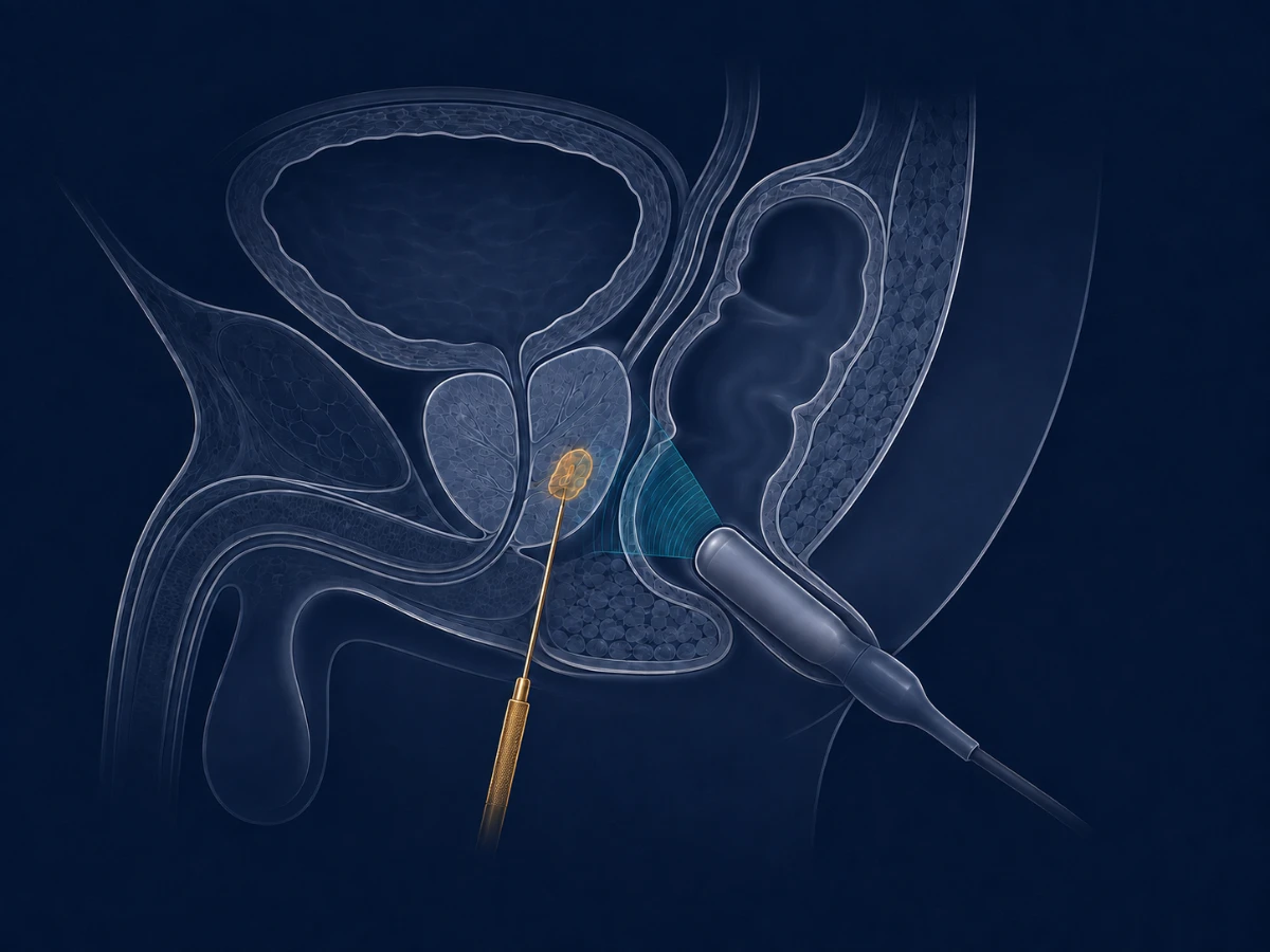 Esquema lateral del acceso transperineal: la sonda ecográfica ingresa por el canal anal y la aguja llega a la próstata por el periné, lateral a la uretra y sin atravesar la pared rectal