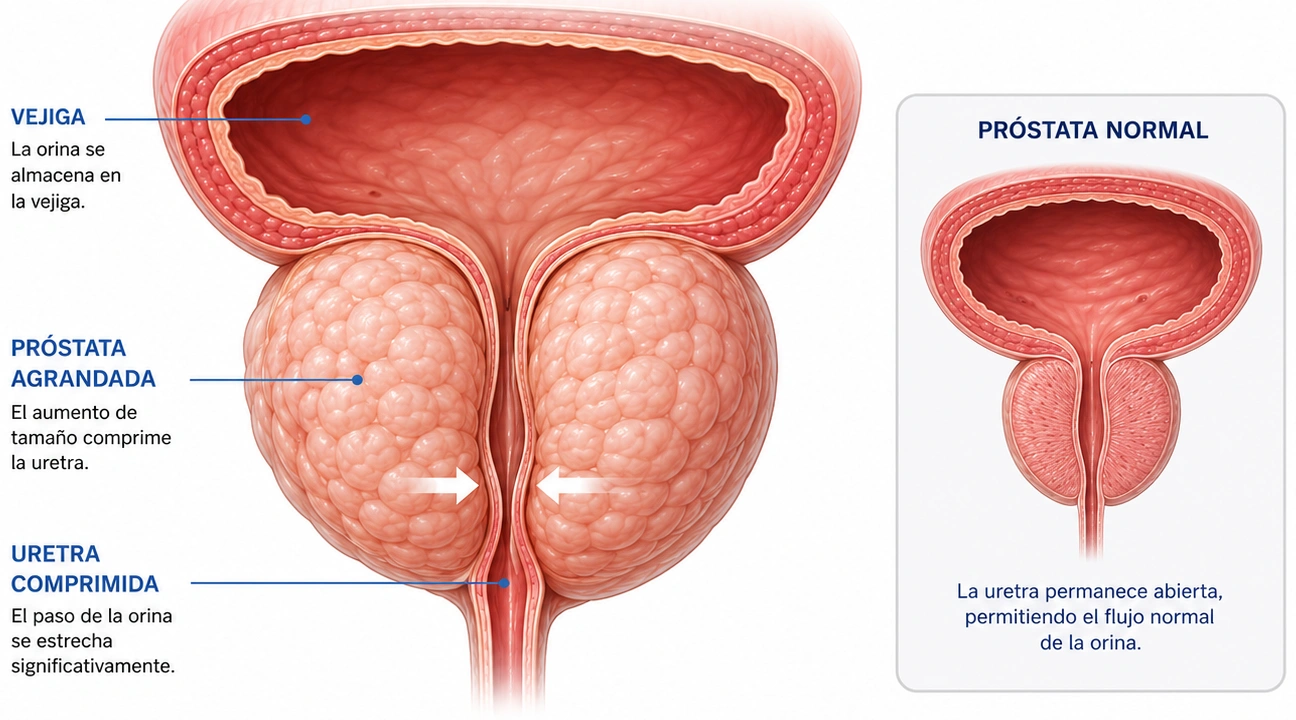 Comparación entre próstata agrandada y próstata normal: la próstata agrandada comprime la uretra