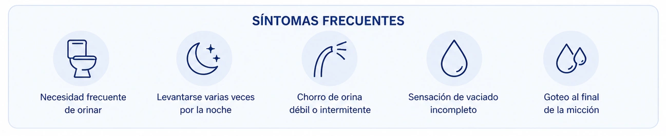 Síntomas frecuentes de la próstata agrandada: necesidad frecuente de orinar, levantarse de noche, chorro débil, vaciado incompleto y goteo final